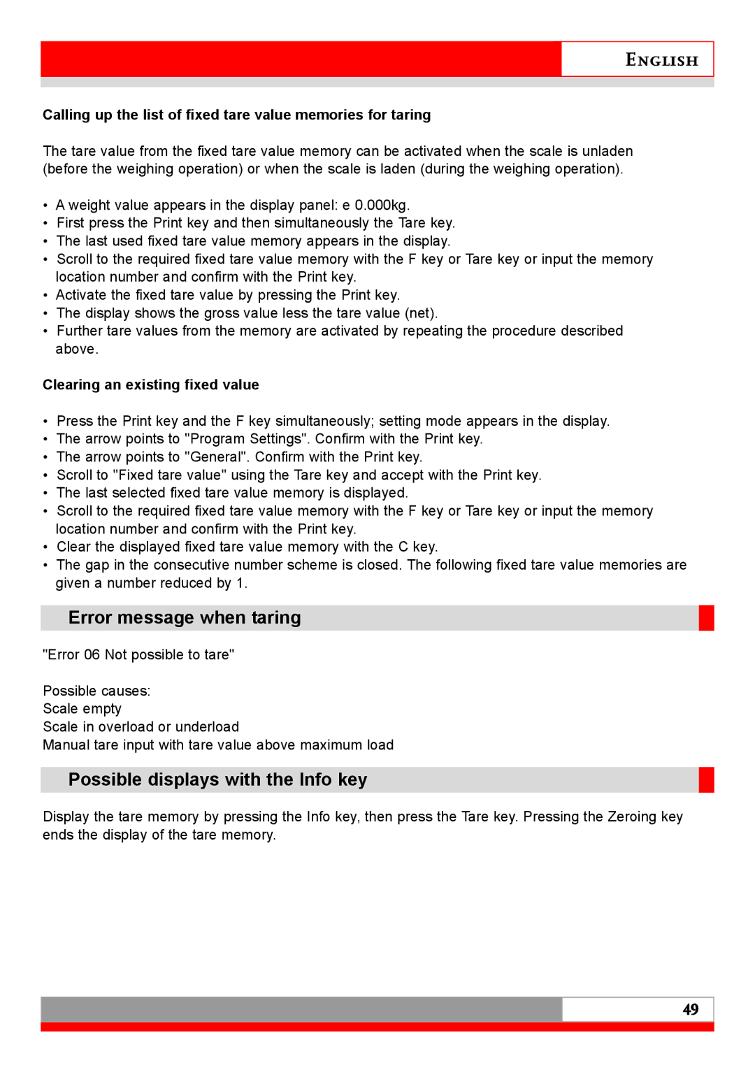 Soehnle 7710 operating instructions Error message when taring, Possible displays with the Info key 