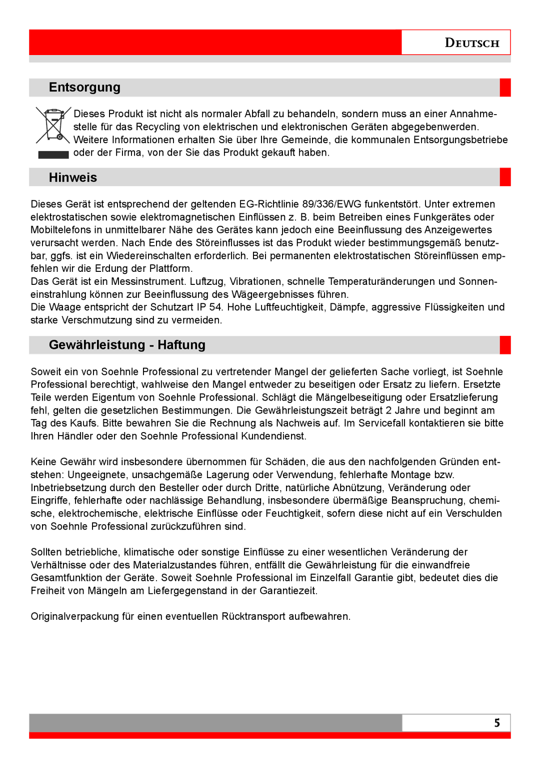 Soehnle 7710 operating instructions Entsorgung, Hinweis, Gewährleistung Haftung 