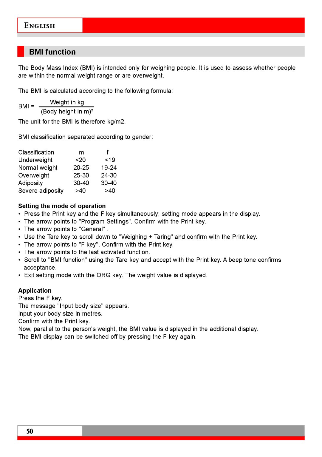 Soehnle 7710 operating instructions BMI function, Application Press the F key 