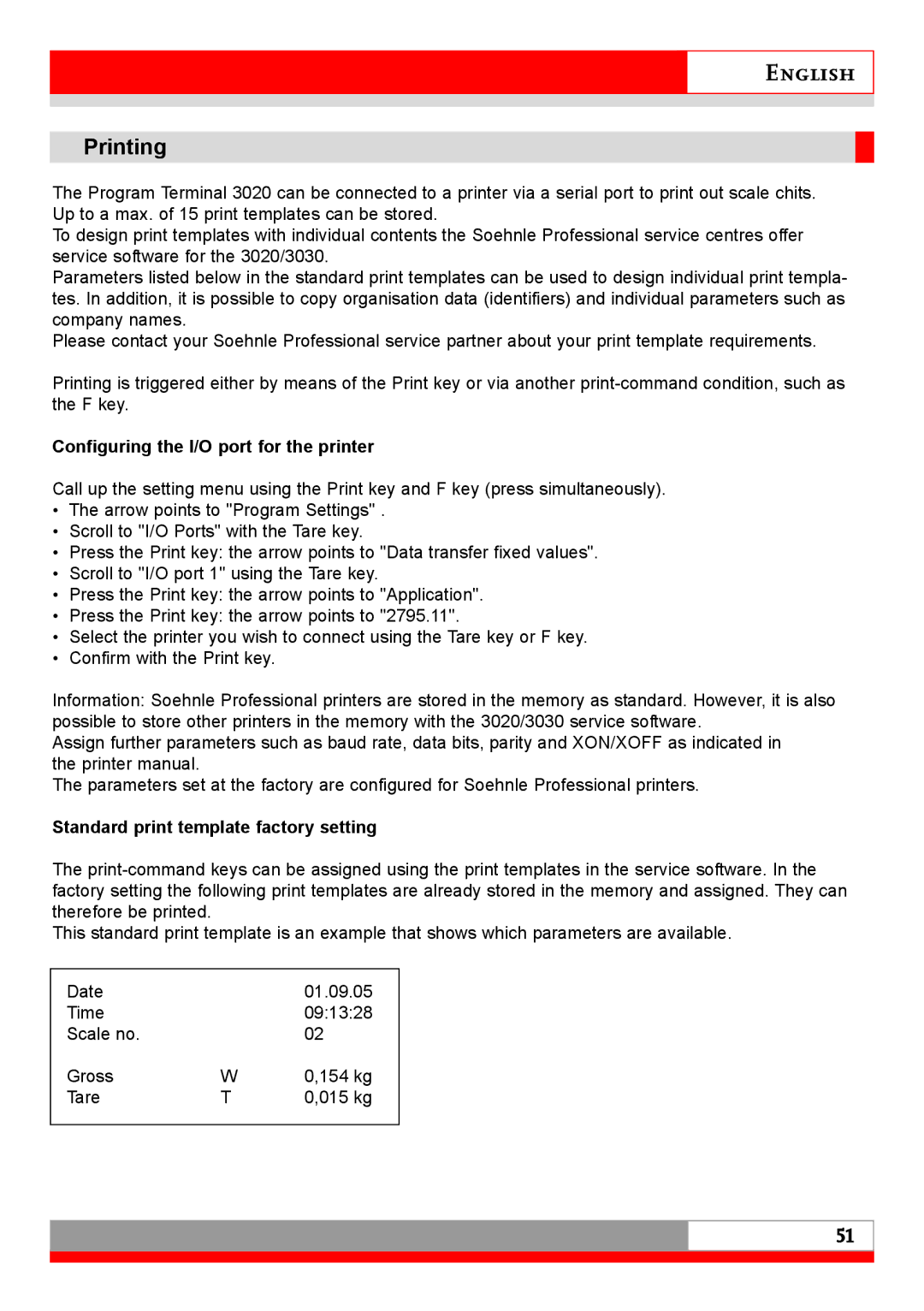 Soehnle 7710 Printing, Configuring the I/O port for the printer, Standard print template factory setting 