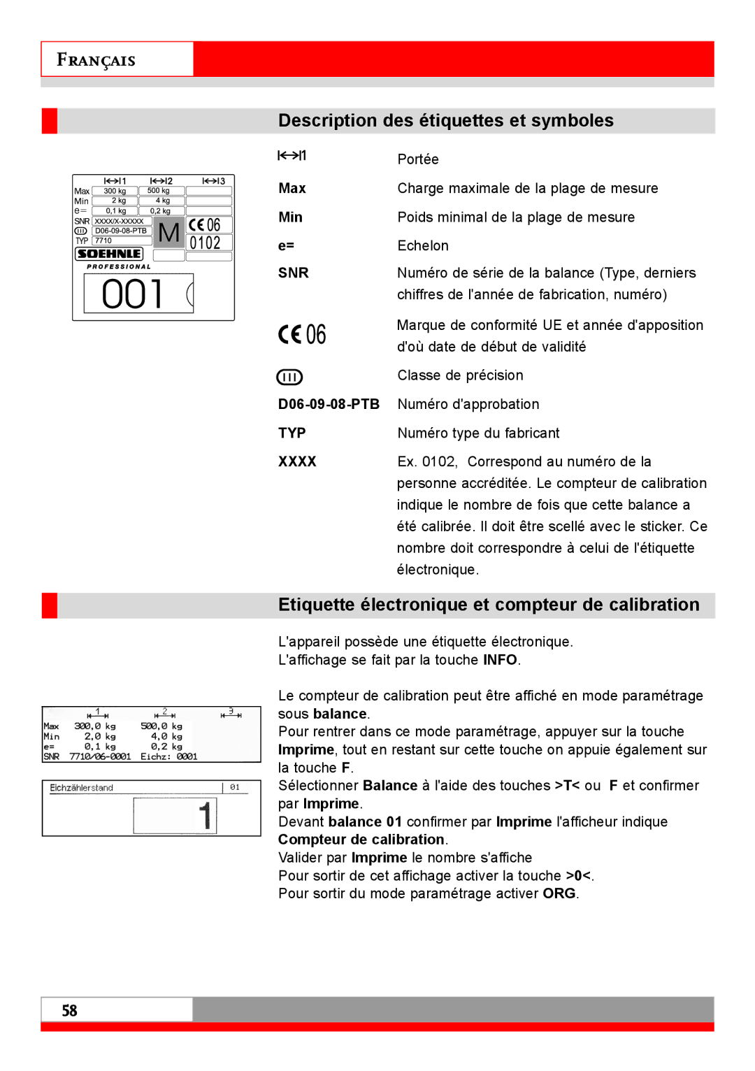 Soehnle 7710 Description des étiquettes et symboles, Etiquette électronique et compteur de calibration 