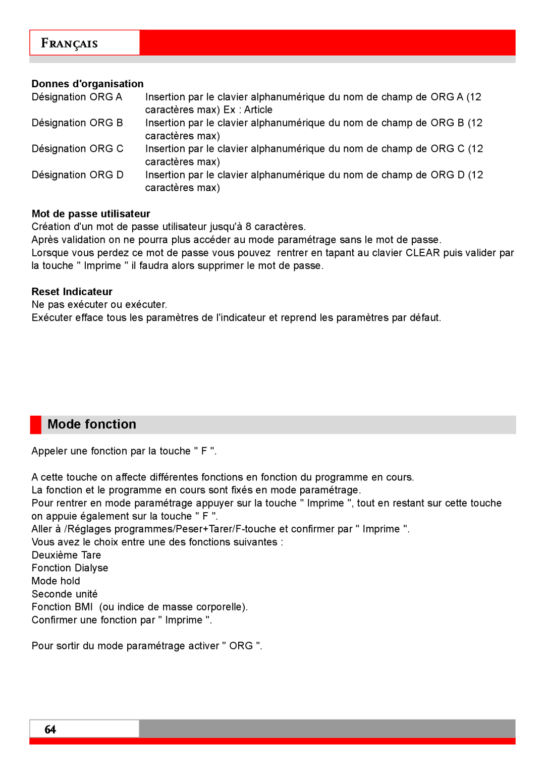 Soehnle 7710 operating instructions Mode fonction, Donnes dorganisation, Mot de passe utilisateur, Reset Indicateur 