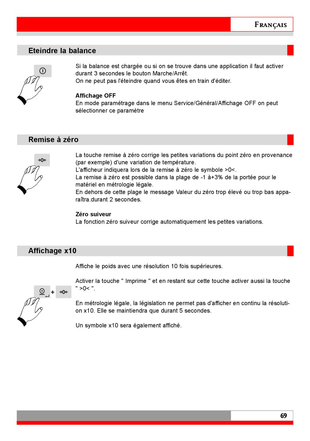 Soehnle 7710 operating instructions Eteindre la balance, Remise à zéro, Affichage OFF, Zéro suiveur 