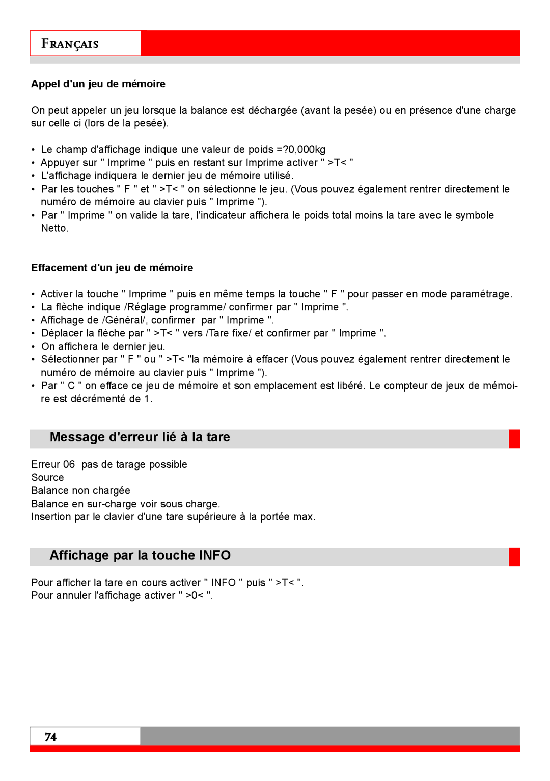 Soehnle 7710 operating instructions Message derreur lié à la tare, Affichage par la touche Info, Appel dun jeu de mémoire 