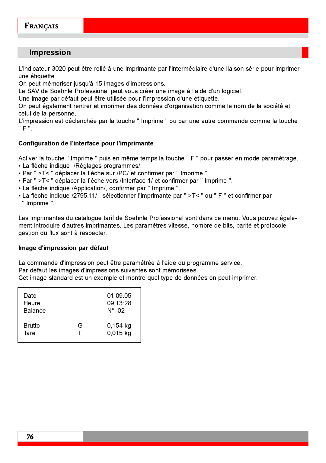 Soehnle 7710 operating instructions Impression, Configuration de linterface pour limprimante, Image dimpression par défaut 