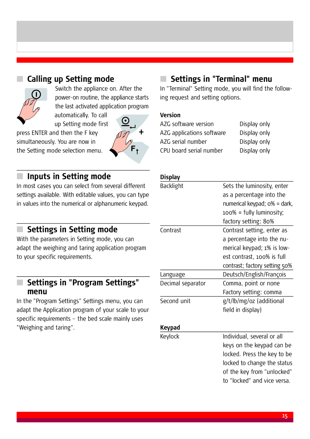 Soehnle 7711 Calling up Setting mode, Inputs in Setting mode, Settings in Setting mode, Settings in Program Settings menu 