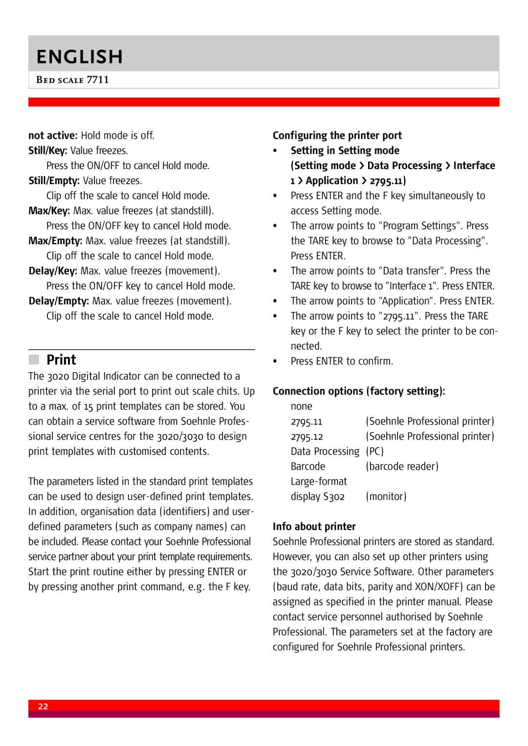 Soehnle 7711 manual Print, Connection options factory setting, Info about printer 