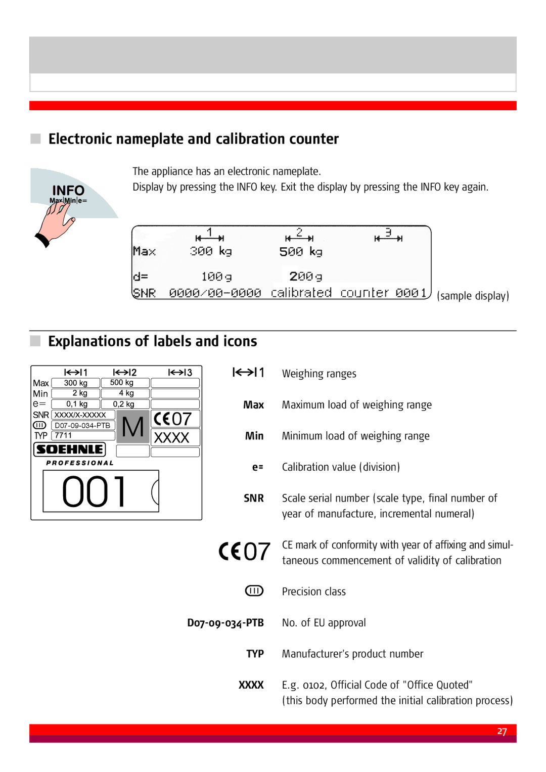 Soehnle 7711 manual Electronic nameplate and calibration counter, Explanations of labels and icons 