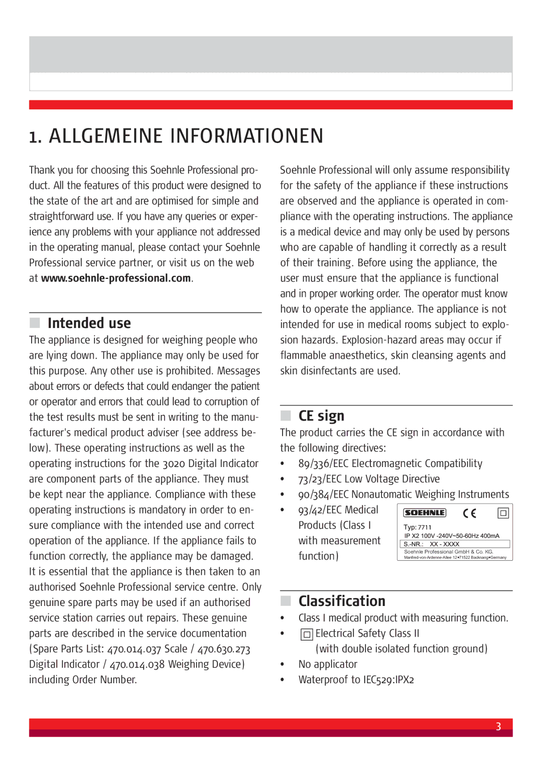 Soehnle 7711 manual Allgemeine Informationen, Intended use, CE sign, Classification 