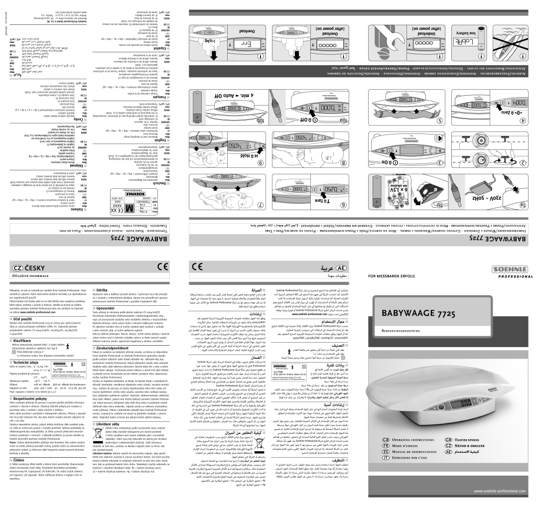 Soehnle 7725 operating instructions Italiano, Účel použití, Klasifikace, Technické údaje, Bezpečnostní pokyny, Čištění 