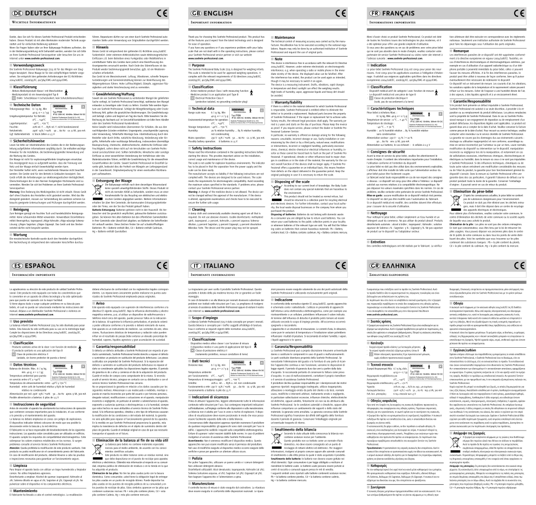 Soehnle 7725 Verwendungszweck, Klassifizierung, Technische Daten, Sicherheitshinweise, Reinigung, Wartung, Hinweis, Aviso 