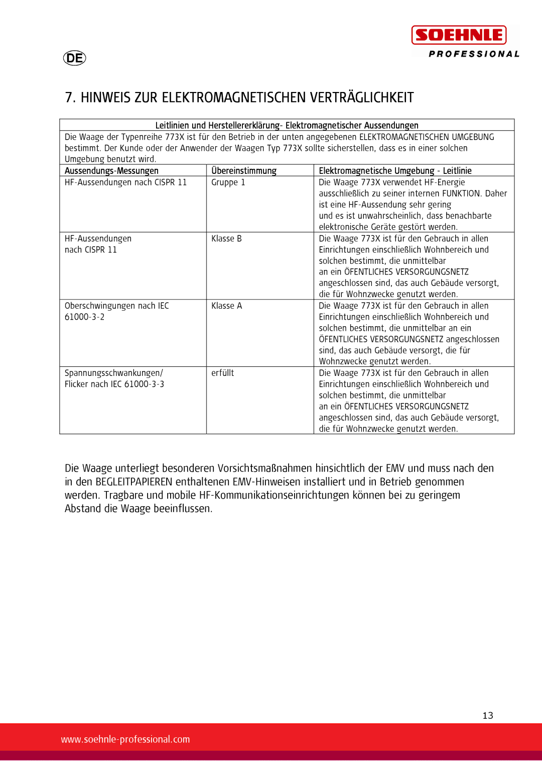 Soehnle 7731, 7730 user manual Hinweis ZUR Elektromagnetischen Verträglichkeit 