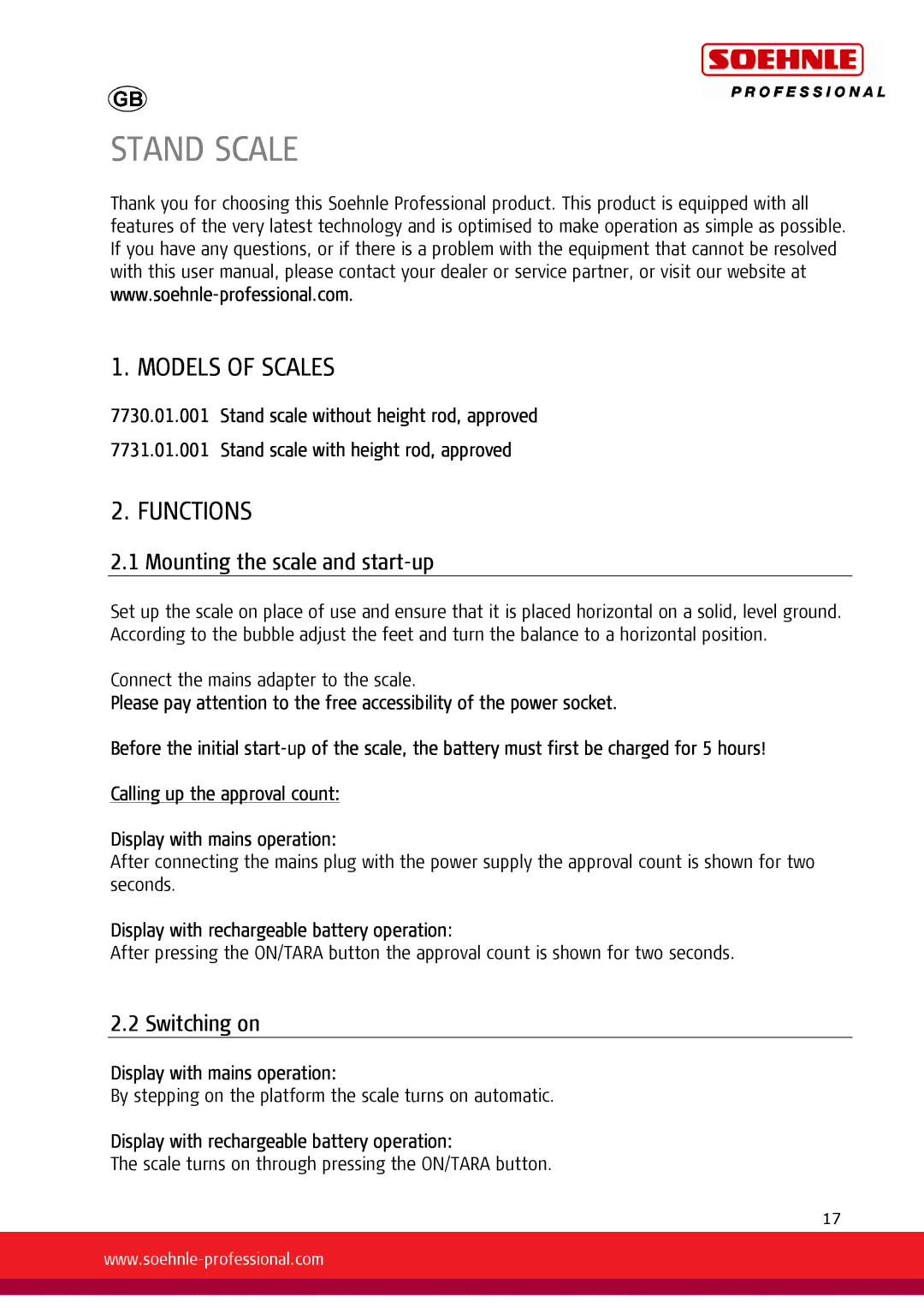 Soehnle 7731, 7730 user manual Models of Scales, Functions, Mounting the scale and start-up, Switching on 