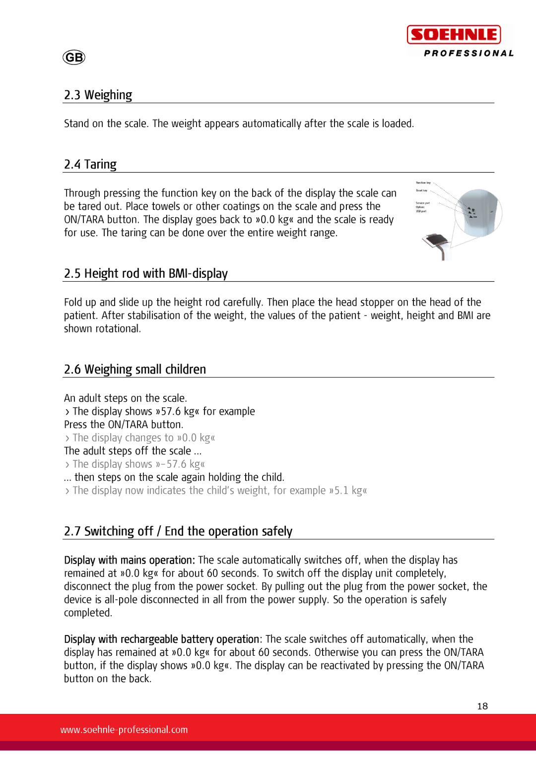 Soehnle 7730 Taring, Height rod with BMI-display, Weighing small children, Switching off / End the operation safely 