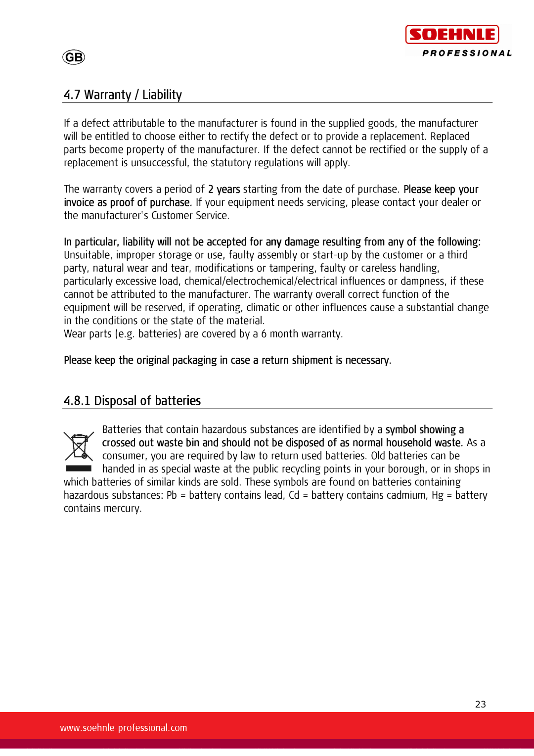 Soehnle 7731, 7730 user manual Warranty / Liability, Disposal of batteries 