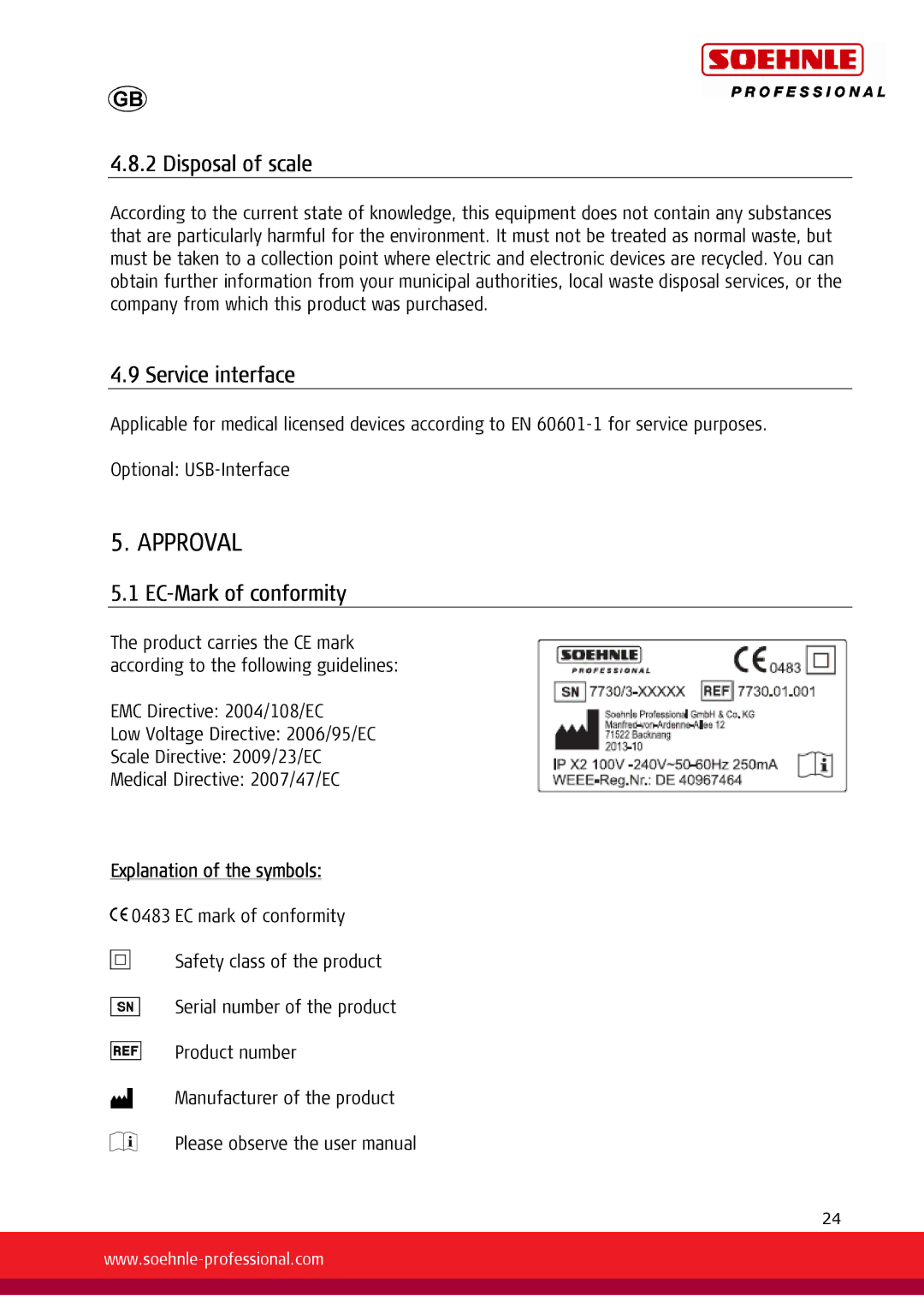 Soehnle 7730, 7731 user manual Approval, Disposal of scale, Service interface, EC-Mark of conformity 