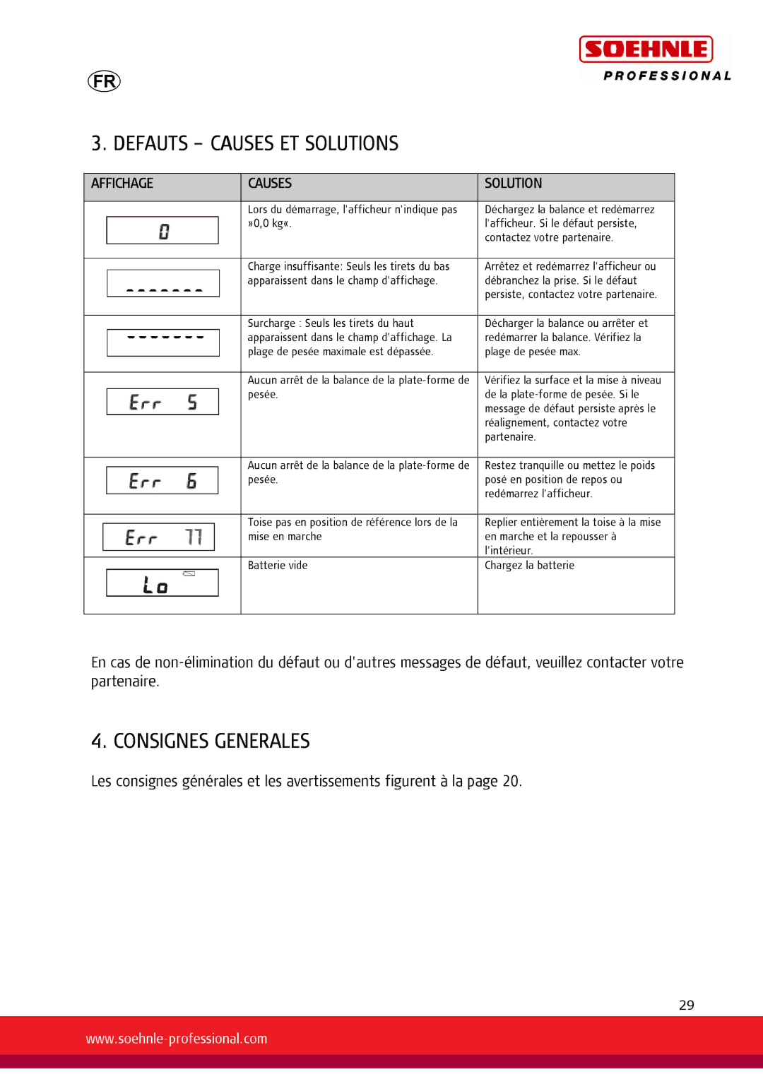 Soehnle 7731, 7730 user manual Defauts Causes ET Solutions, Consignes Generales 