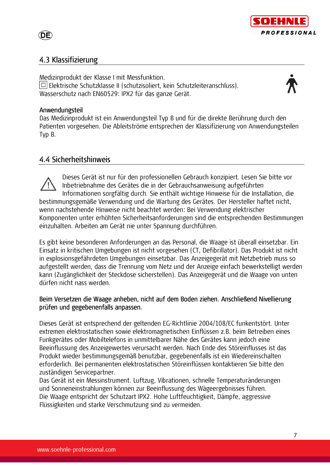 Soehnle 7731, 7730 user manual Klassifizierung, Sicherheitshinweis, Anwendungsteil 