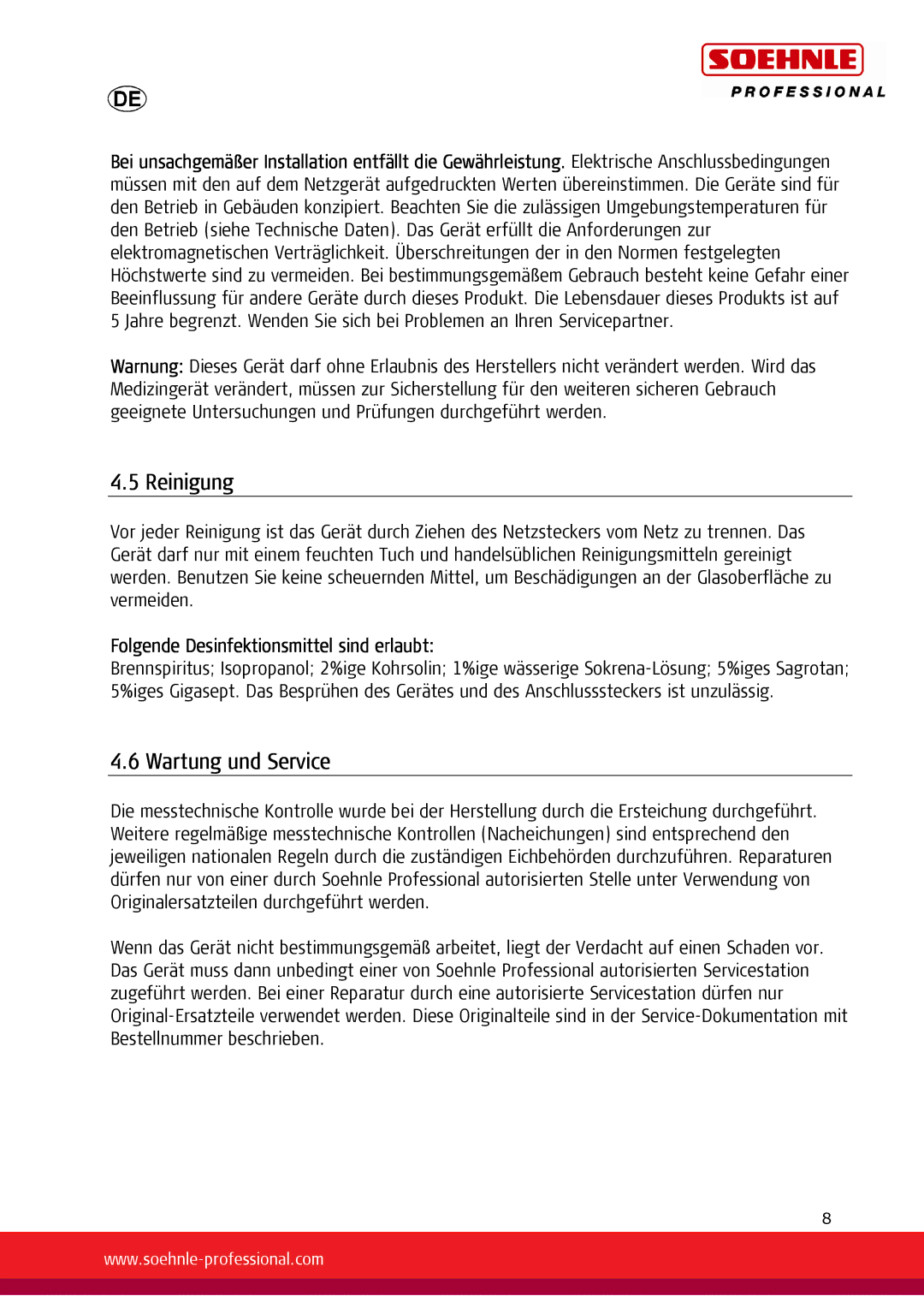 Soehnle 7730, 7731 user manual Reinigung, Wartung und Service, Folgende Desinfektionsmittel sind erlaubt 