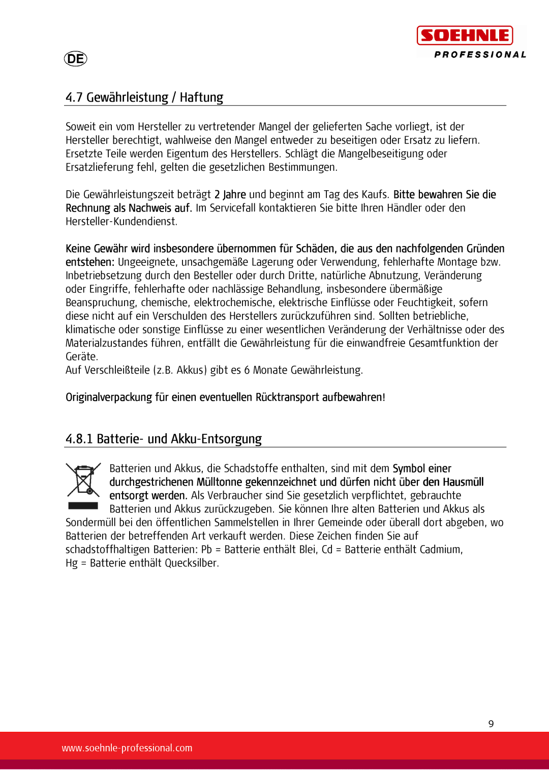 Soehnle 7731, 7730 user manual Gewährleistung / Haftung, Batterie- und Akku-Entsorgung 