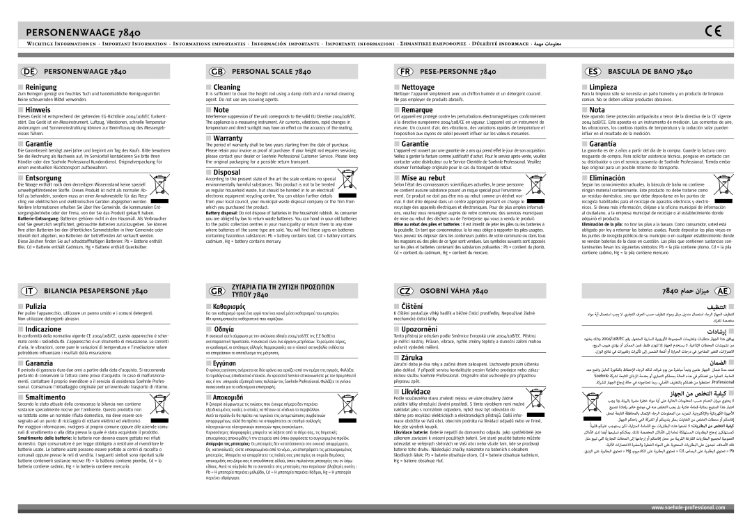 Soehnle 7840 DE Personenwaage GB Personal Scale FR PESE-PERSONNE, ES Bascula DE Bano, IT Bilancia Pesapersone, Osobní Váha 