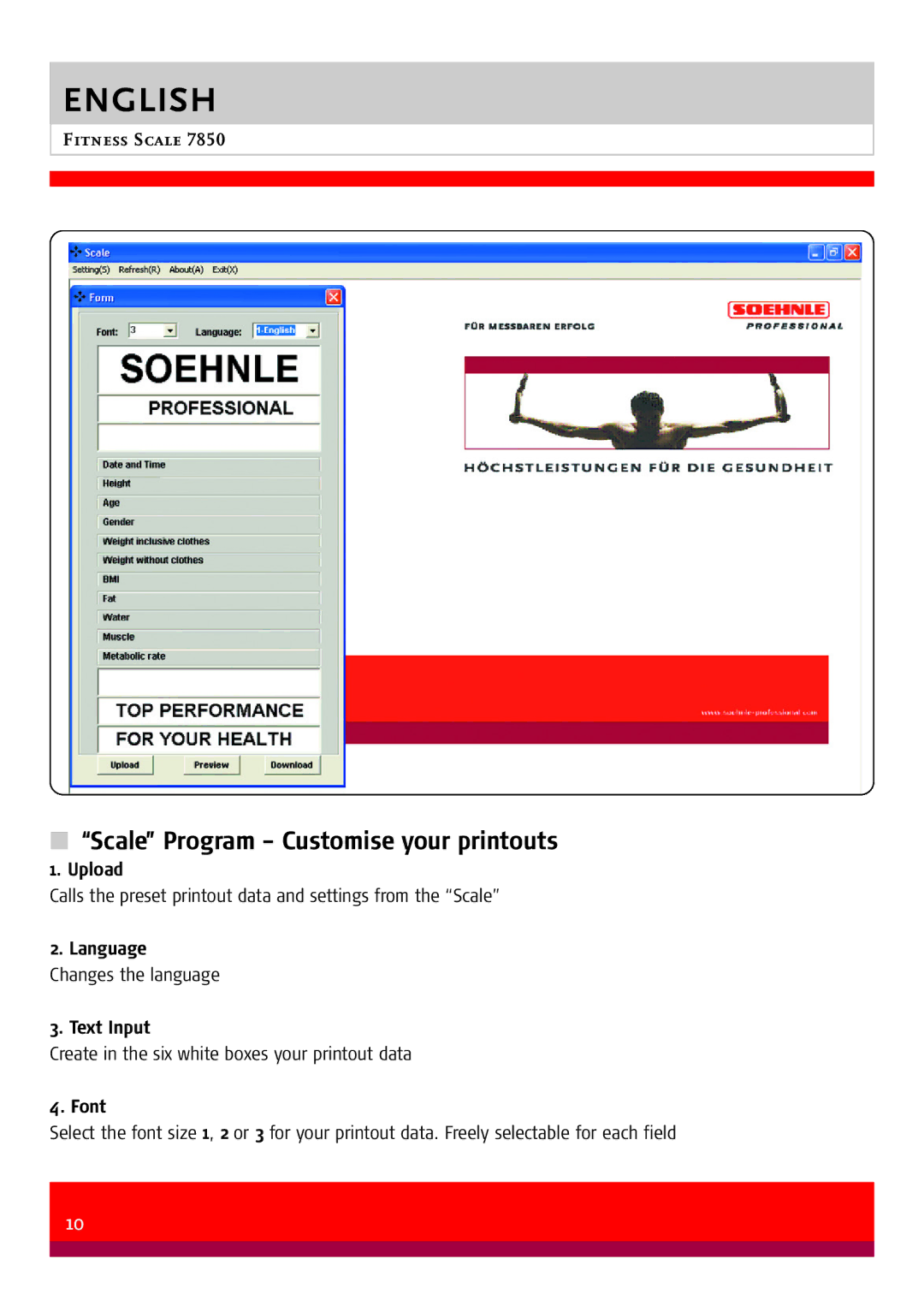 Soehnle 7850 manual Scale Program Customise your printouts, Upload, Language Changes the language Text Input, Font 