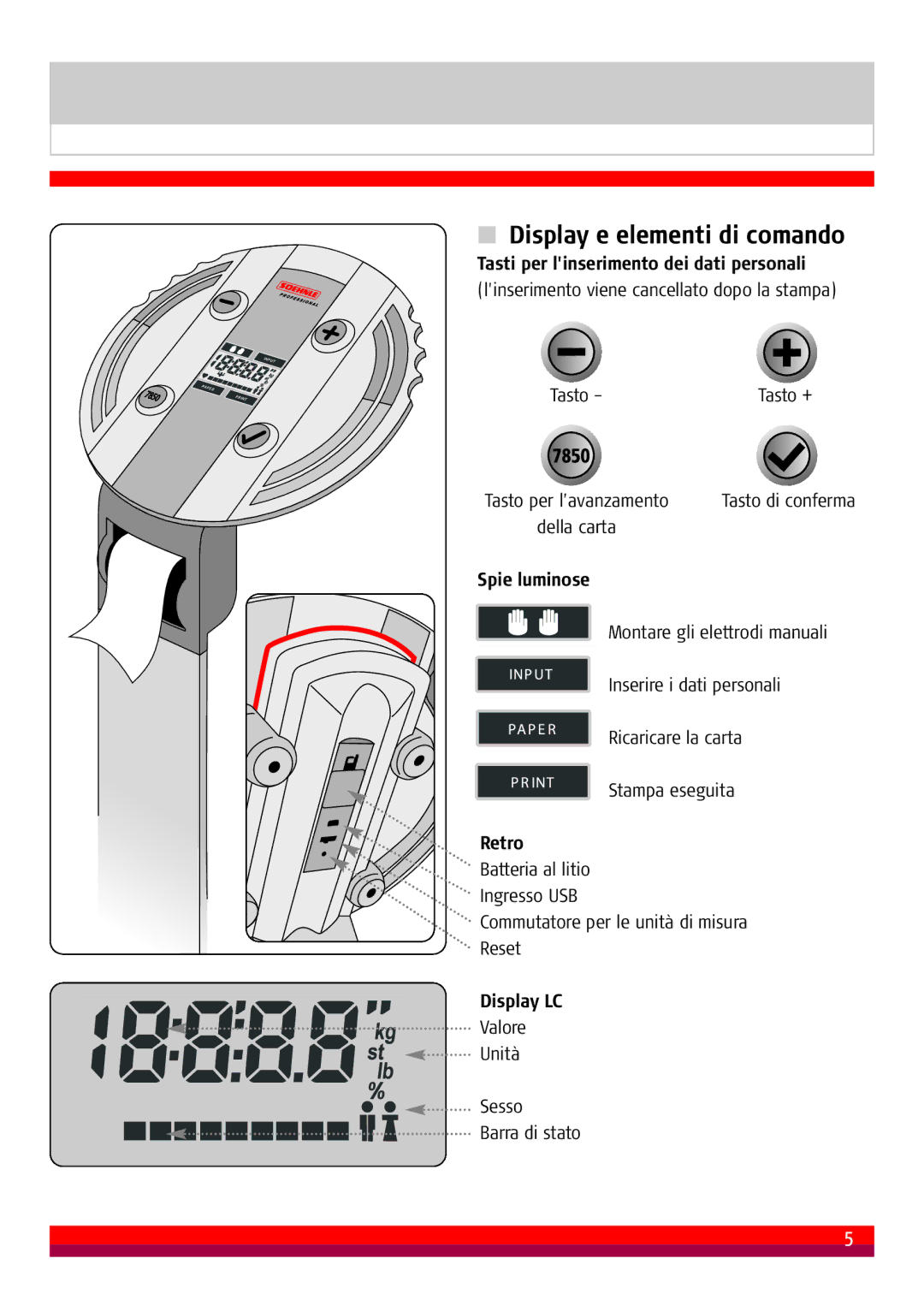 Soehnle 7850 Display e elementi di comando, Tasti per linserimento dei dati personali, Spie luminose, Retro, Display LC 