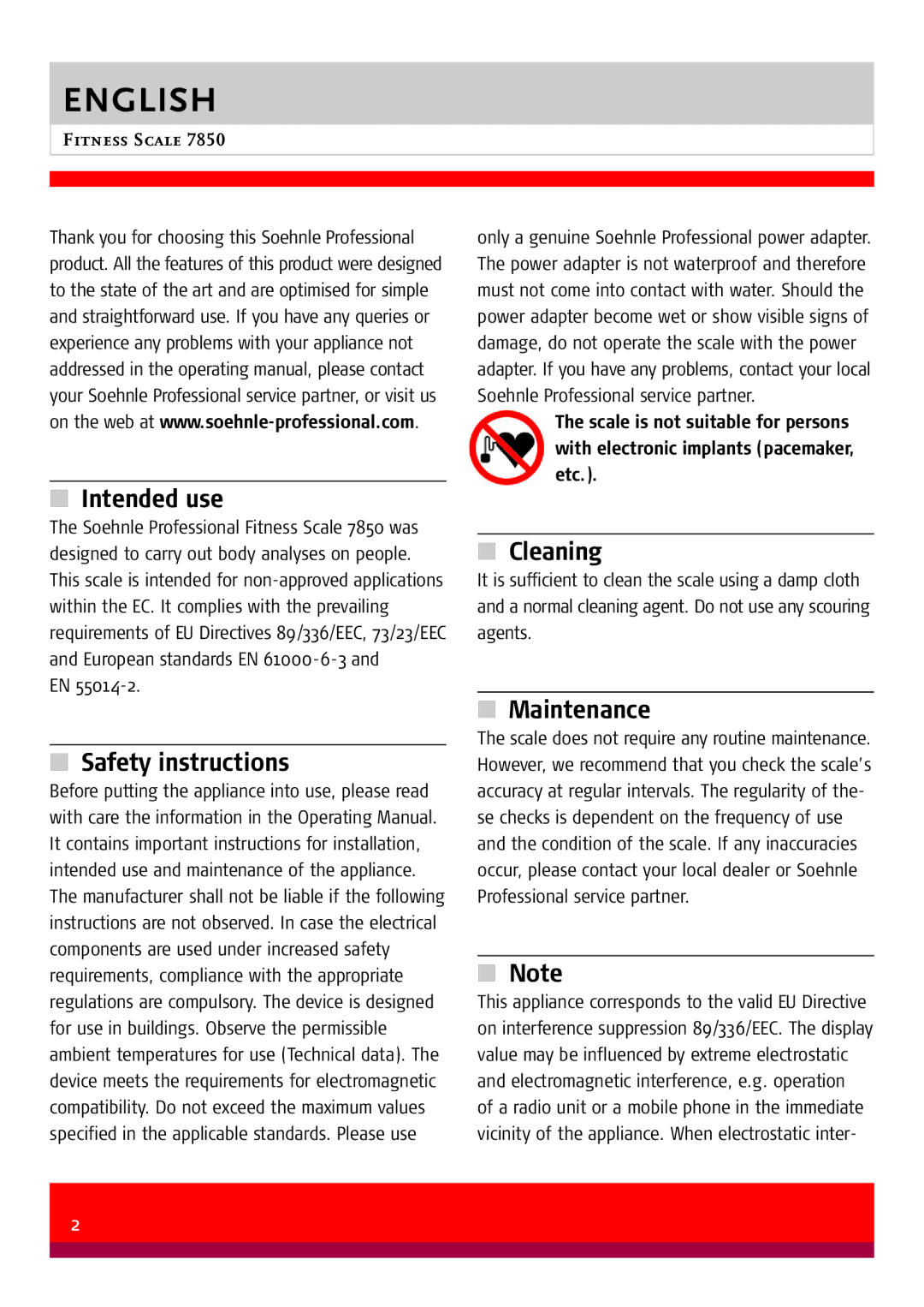 Soehnle 7850 manual Intended use, Cleaning, Safety instructions, Maintenance, Fitness Scale 