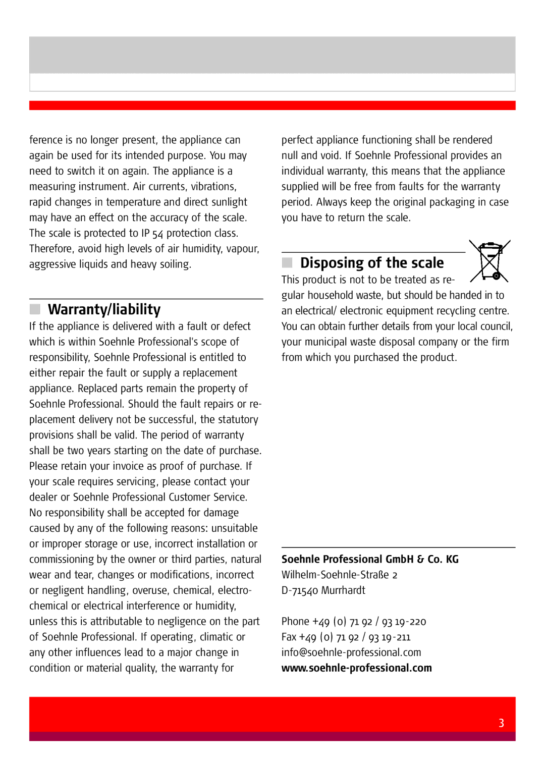 Soehnle 7850 manual Warranty/liability, Disposing of the scale, Soehnle Professional GmbH & Co. KG 
