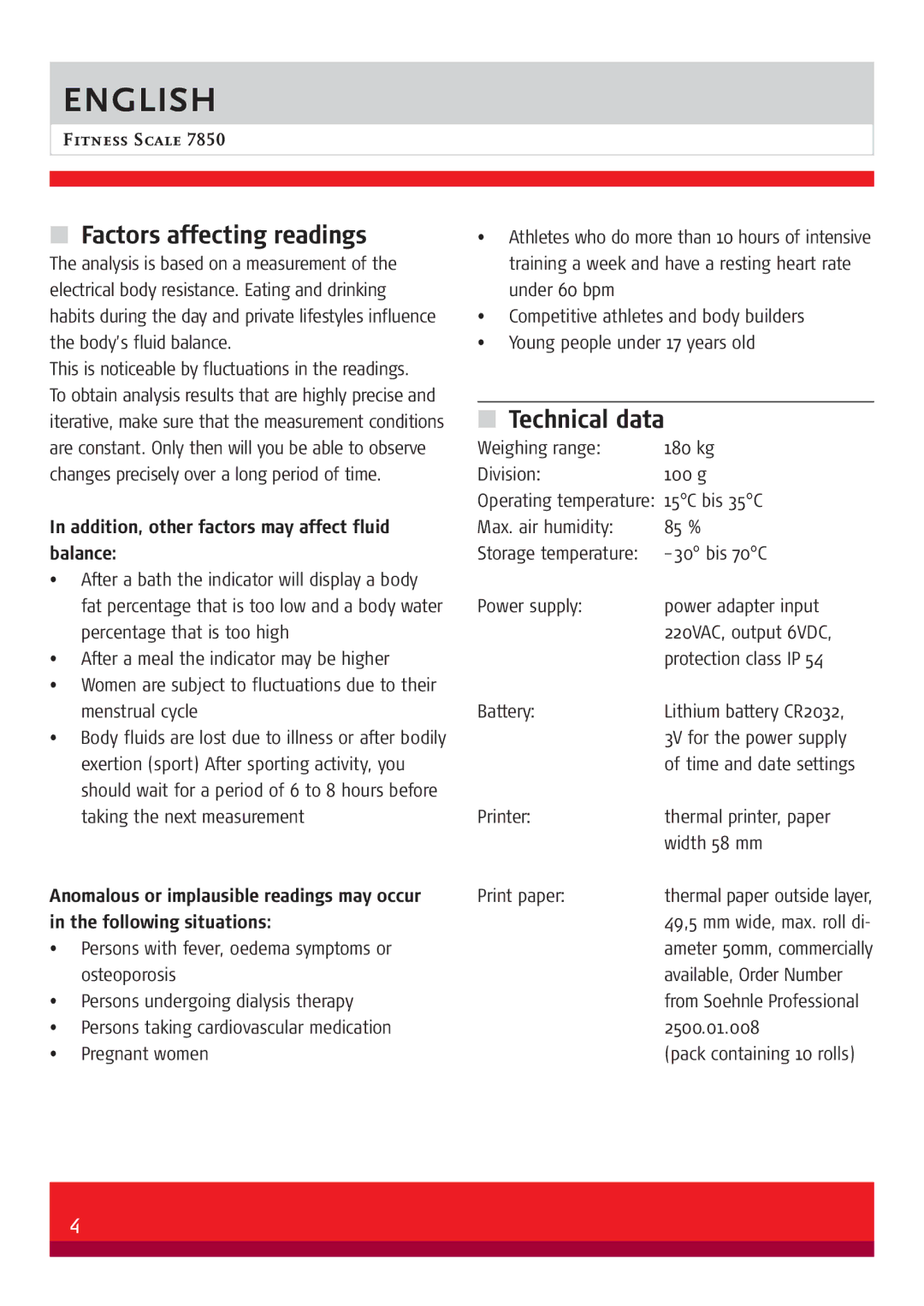 Soehnle 7850 manual Factors affecting readings, Technical data, Addition, other factors may affect fluid balance 