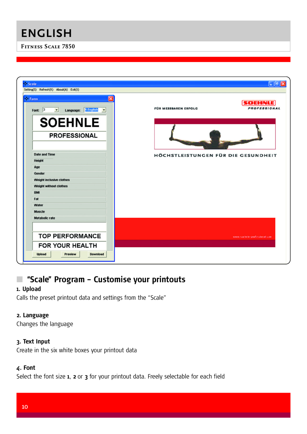 Soehnle 7850 manual “Scale” Program - Customise your printouts, Upload, Language Changes the language 3. Text Input, Font 