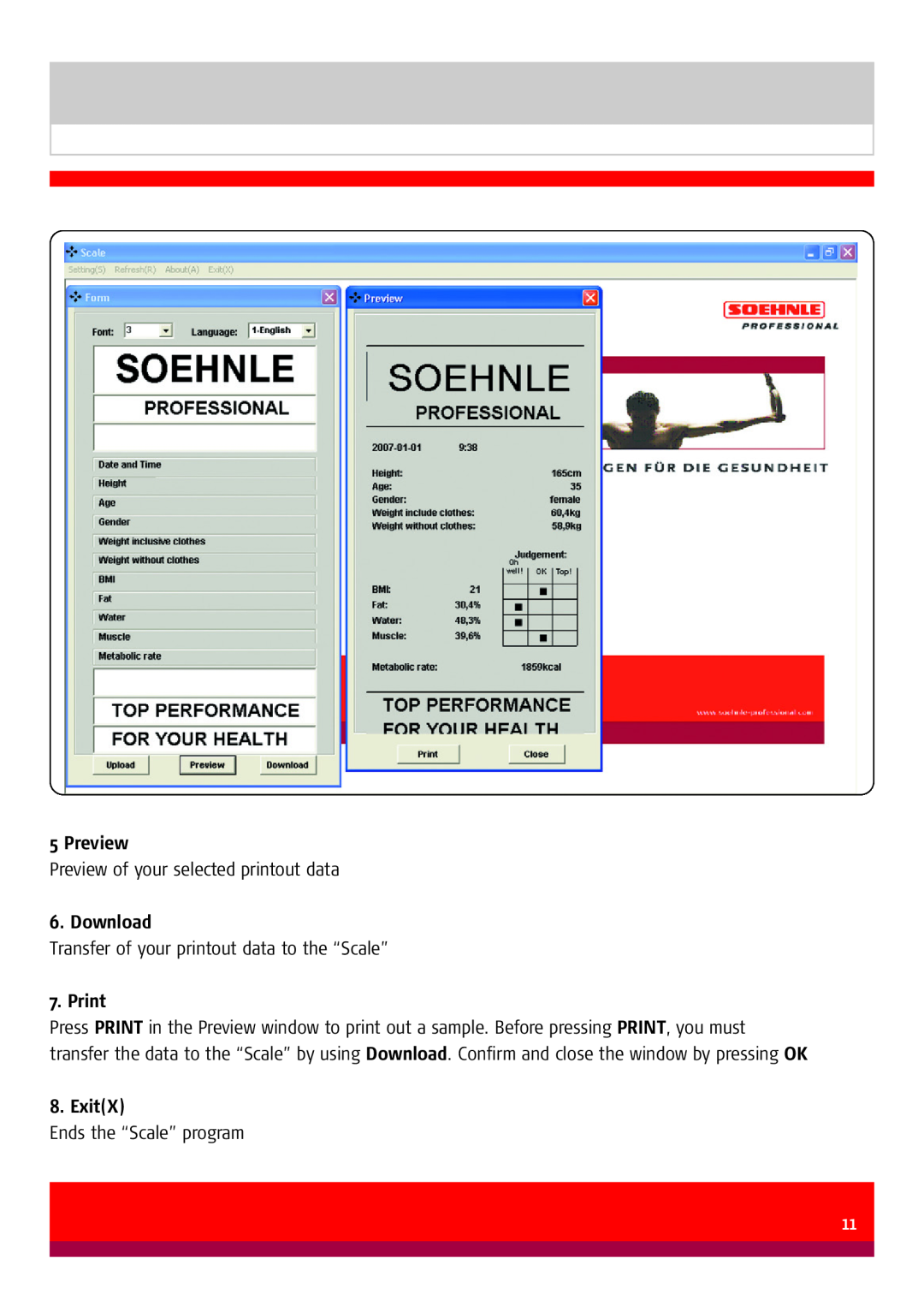 Soehnle 7850 manual Download, Print, ExitX, Preview of your selected printout data, Ends the “Scale” program 