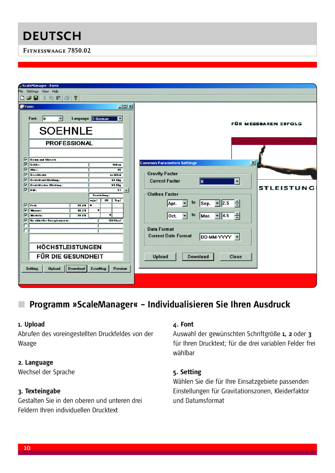 Soehnle 7850.02 manual Upload Font, Language, Setting, Texteingabe 