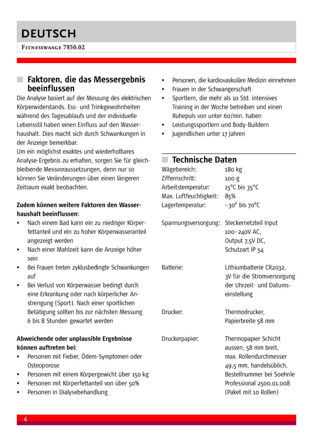 Soehnle 7850.02 Faktoren, die das Messergebnis Beeinflussen, Technische Daten, Abweichende oder unplausible Ergebnisse 