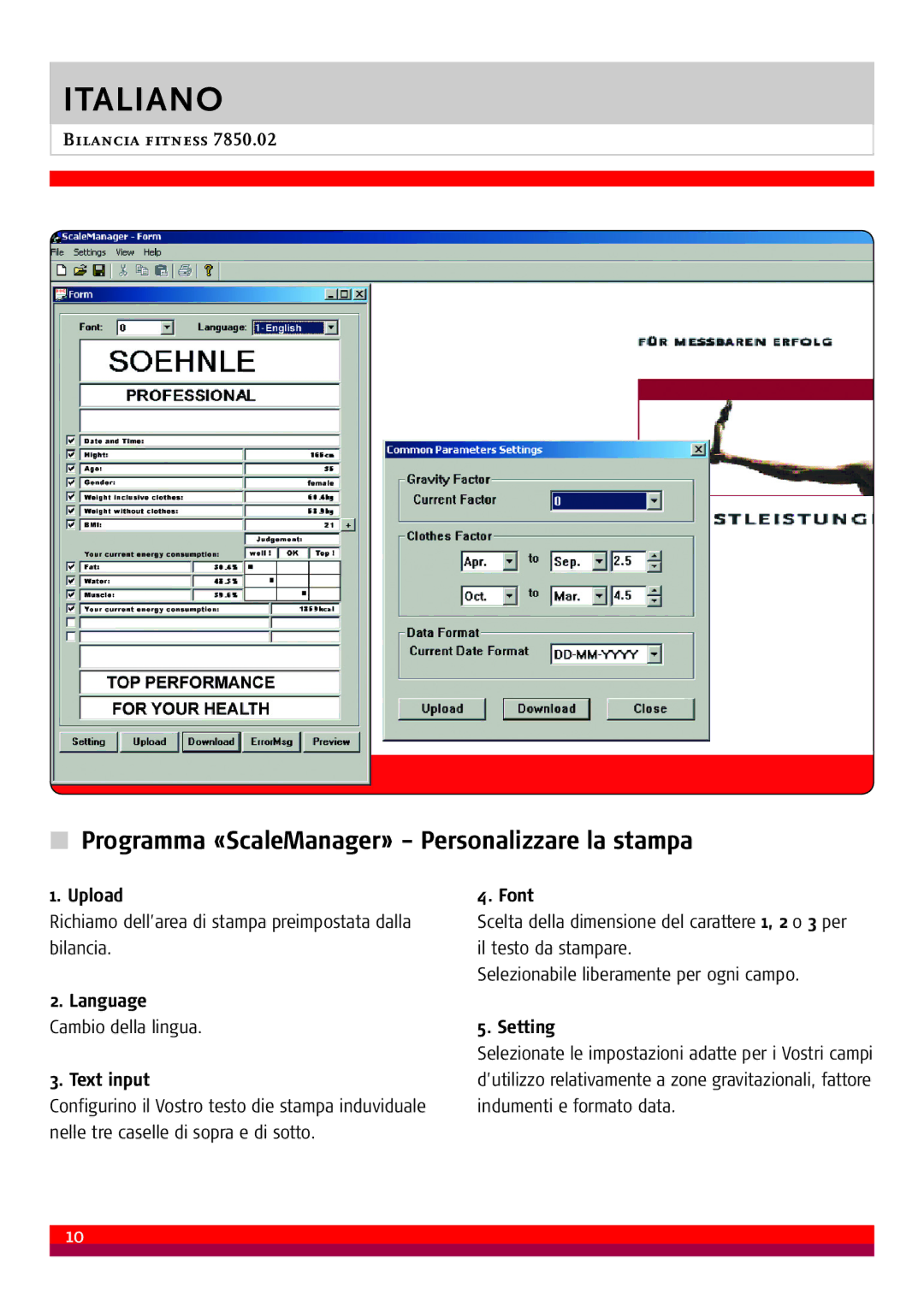 Soehnle 7850.02 manual Programma «ScaleManager» Personalizzare la stampa, Upload, Language Font, Text input, Setting 