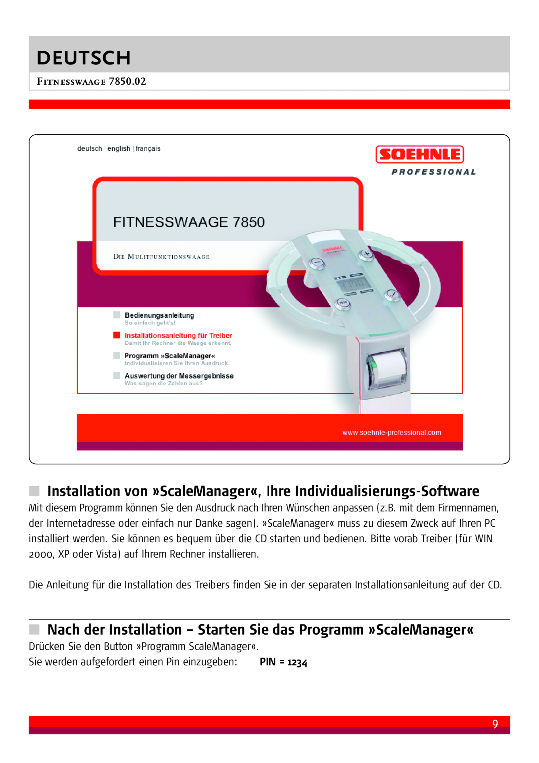 Soehnle 7850.02 manual Installation von »ScaleManager«, Ihre Individualisierungs-Software, Deutsch, Fitnesswaage 