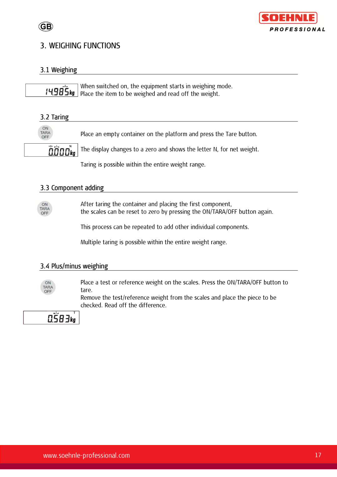 Soehnle 9056, 9055, 9057 user manual Weighing Functions, Taring, Component adding, Plus/minus weighing 
