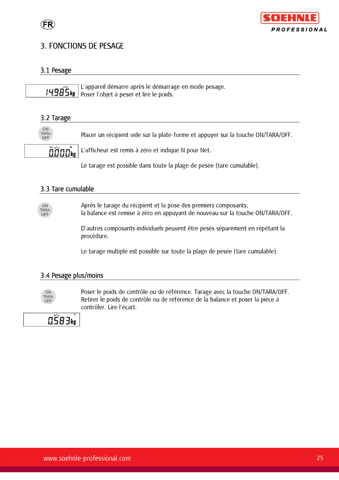 Soehnle 9057, 9055, 9056 user manual Fonctions DE Pesage, Tarage, Tare cumulable, Pesage plus/moins 