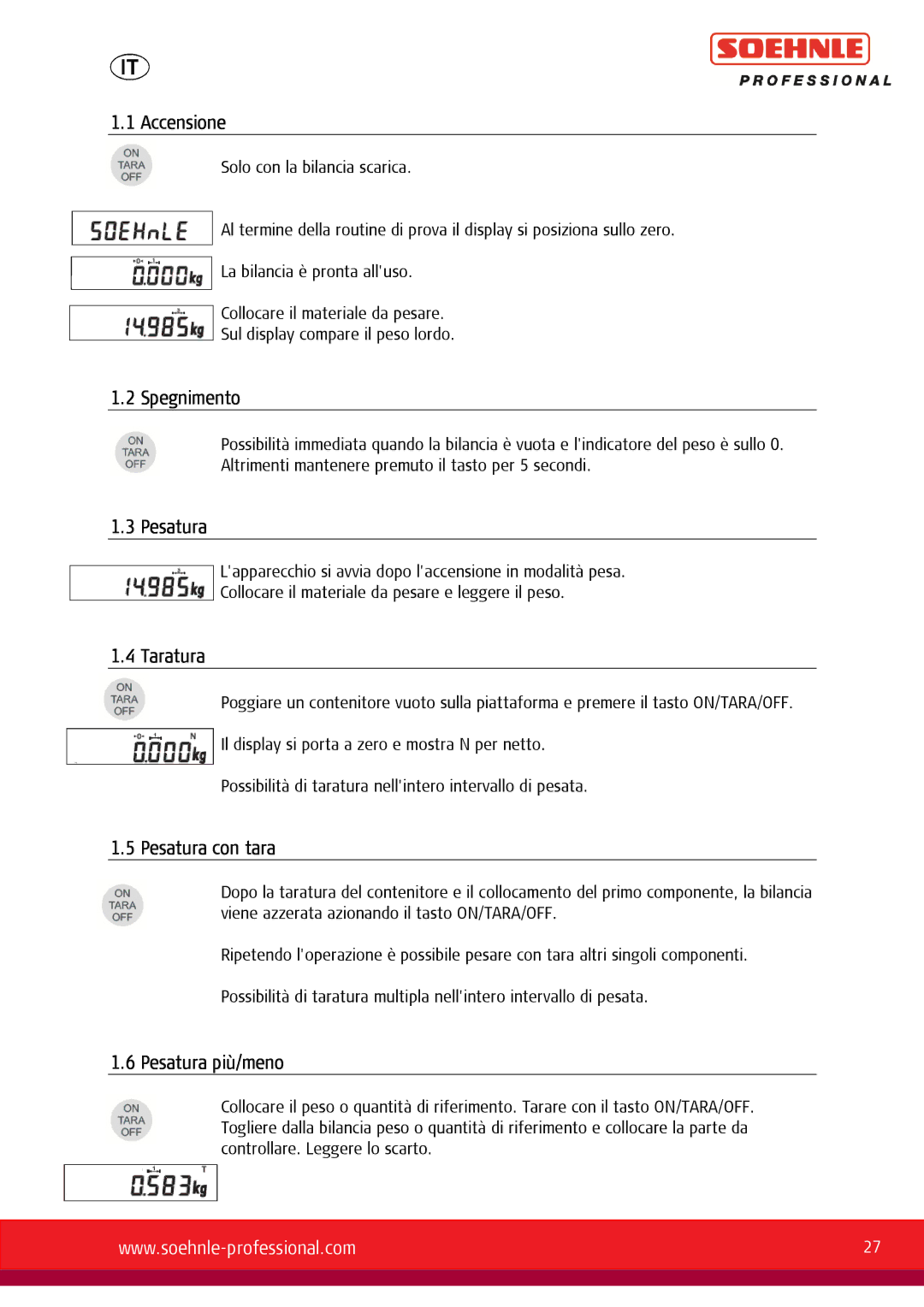 Soehnle 9055, 9057, 9056 user manual Accensione, Spegnimento, Taratura, Pesatura con tara, Pesatura più/meno 