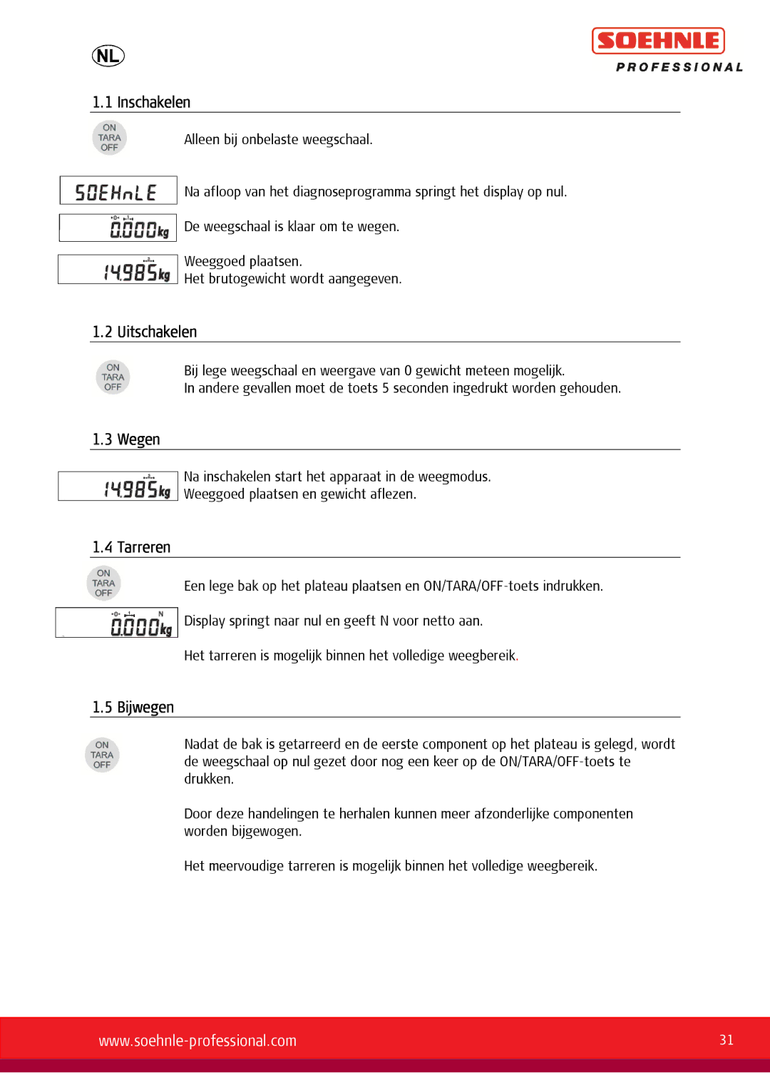 Soehnle 9057, 9055, 9056 user manual Inschakelen, Uitschakelen, Wegen, Tarreren, Bijwegen 