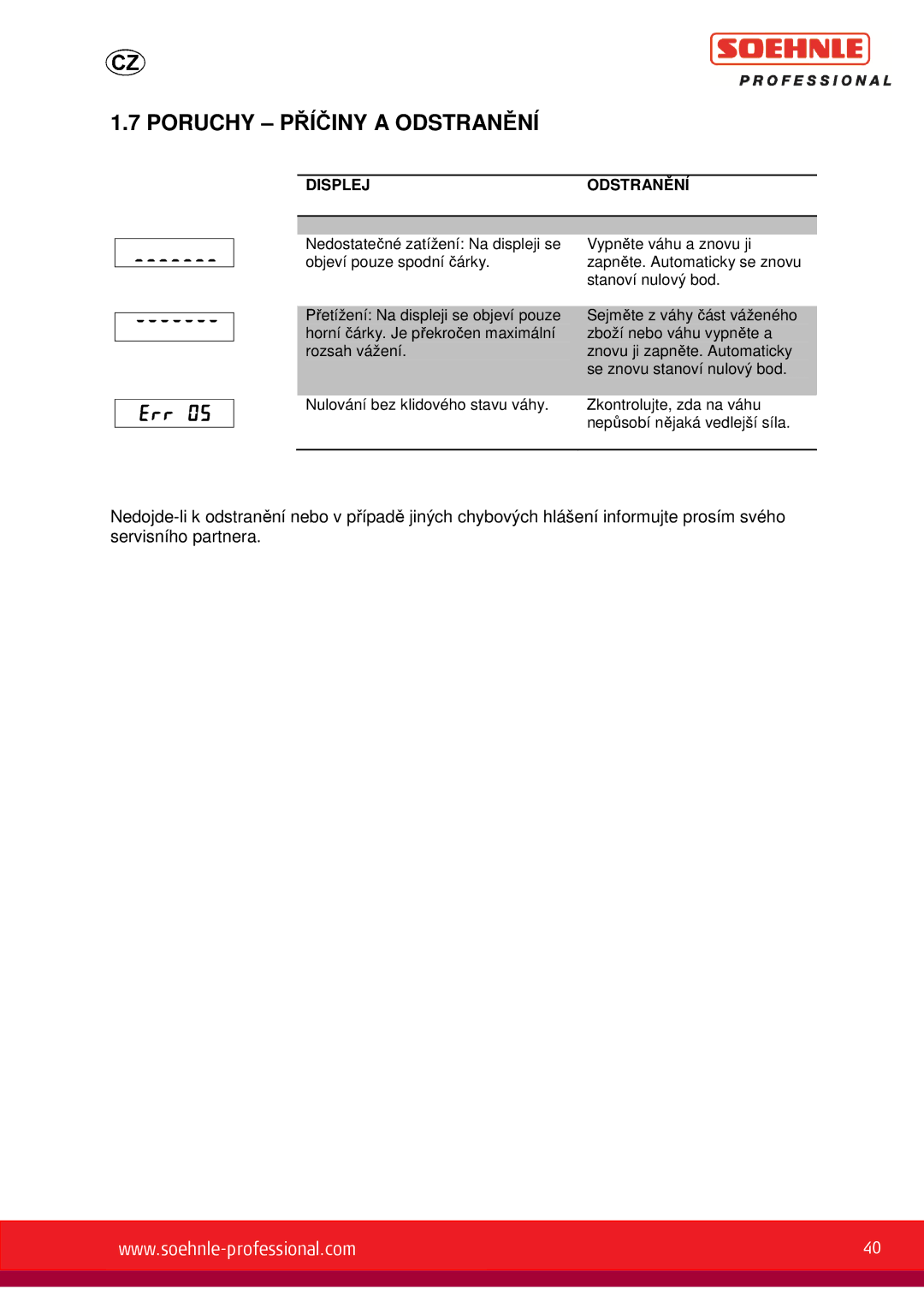 Soehnle 9057, 9055, 9056 user manual Poruchy Příčiny a Odstranění, Displej Odstran ĚNÍ 