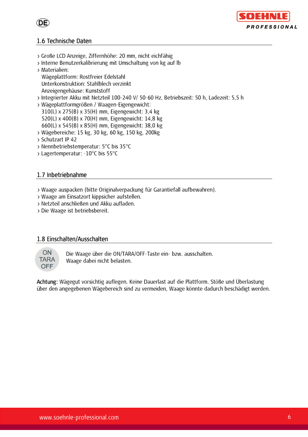 Soehnle 9055, 9057, 9056 user manual Technische Daten, Inbetriebnahme, Einschalten/Ausschalten 