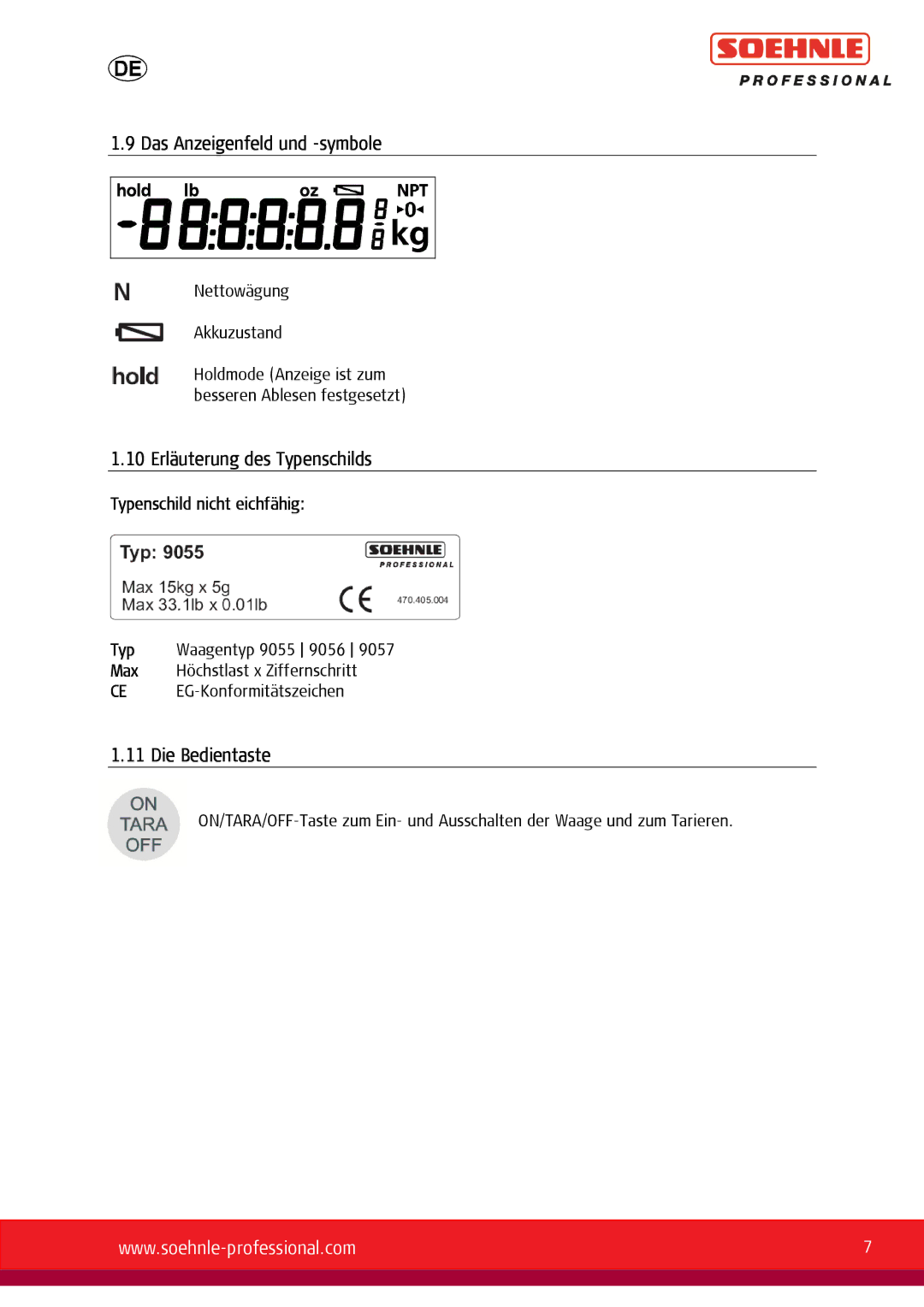 Soehnle 9057, 9055, 9056 user manual Das Anzeigenfeld und -symbole, 10 Erläuterung des Typenschilds, Die Bedientaste 