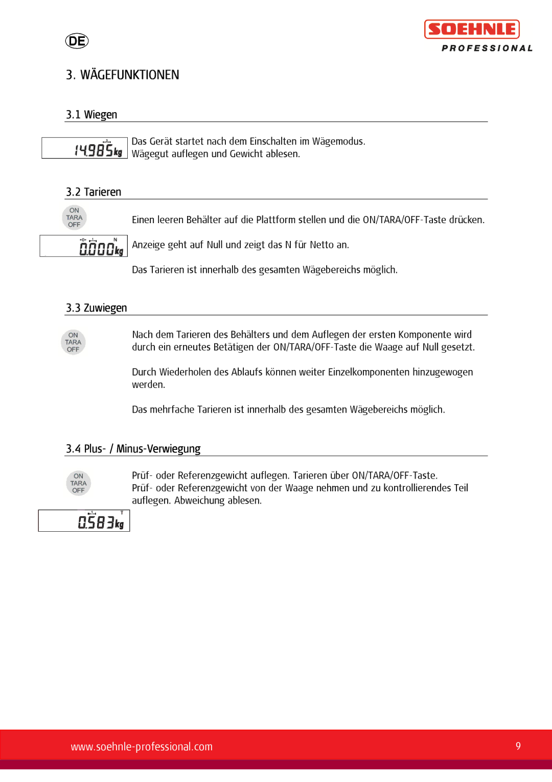 Soehnle 9055, 9057, 9056 user manual Wägefunktionen, Wiegen, Tarieren, Zuwiegen, Plus- / Minus-Verwiegung 