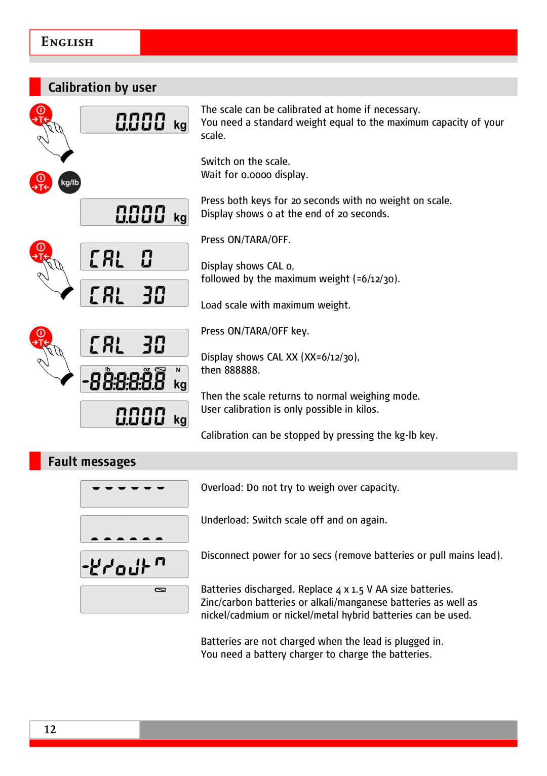 Soehnle 9115 manual Calibration by user, Fault messages 