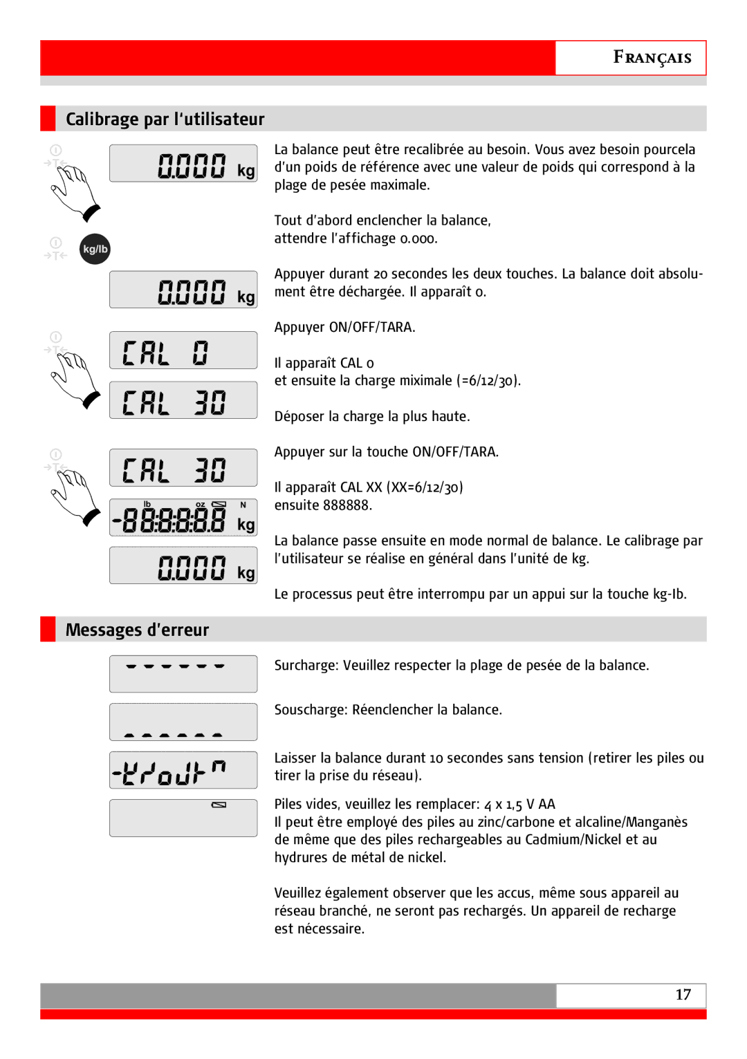 Soehnle 9115 manual Calibrage par l‘utilisateur, Messages d’erreur 