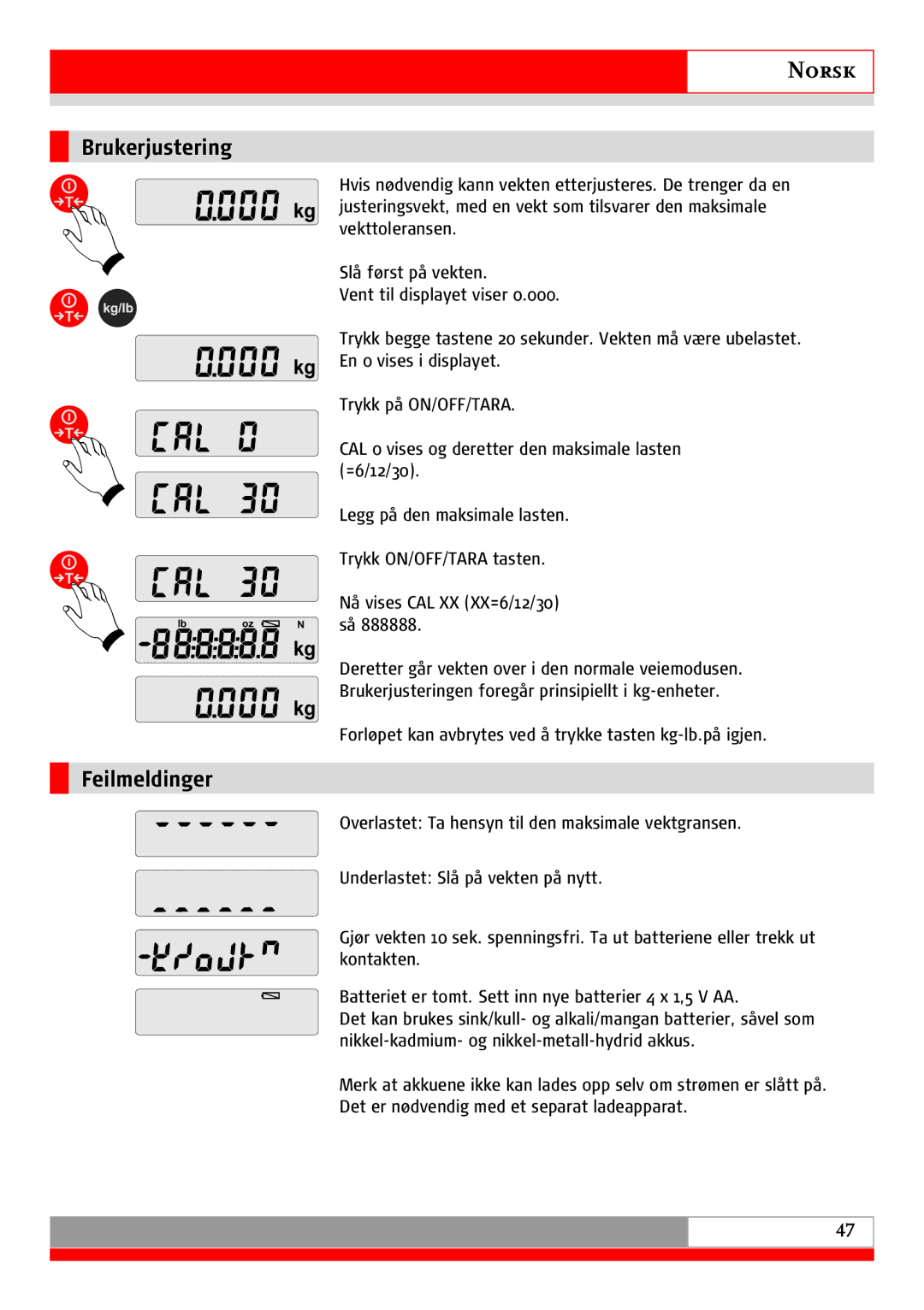 Soehnle 9115 manual Brukerjustering, Feilmeldinger 