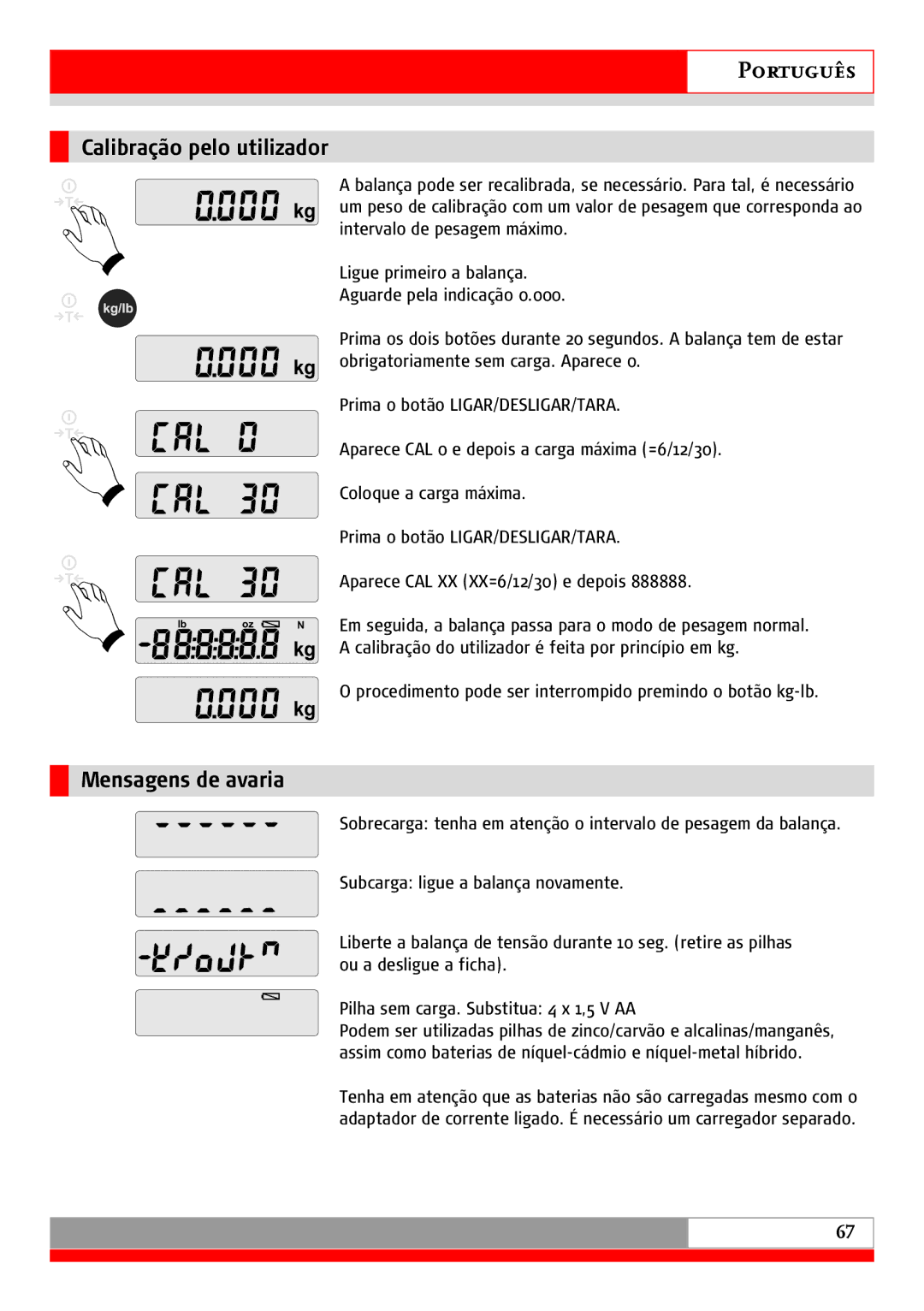 Soehnle 9115 manual Mensagens de avaria, Calibração pelo utilizador 