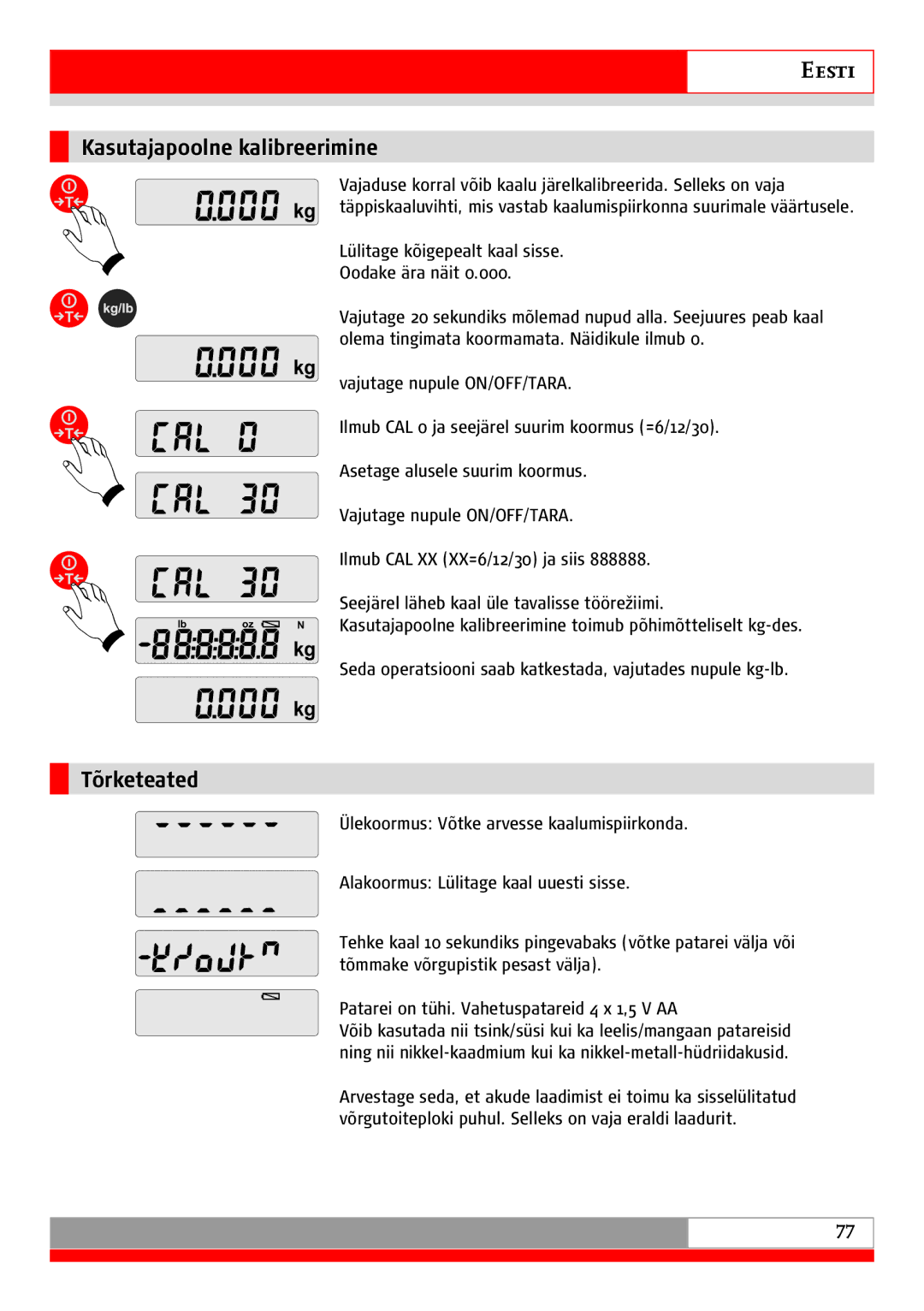 Soehnle 9115 manual Kasutajapoolne kalibreerimine, Tõrketeated 