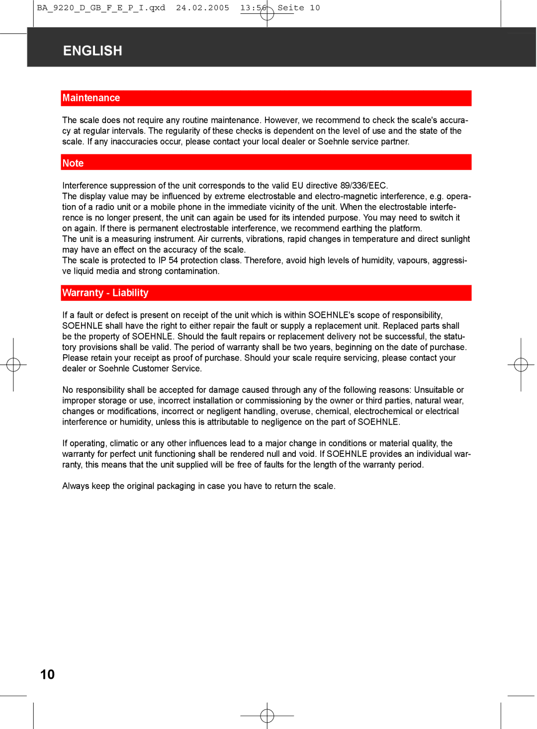 Soehnle 9220 manual Maintenance, Warranty Liability 